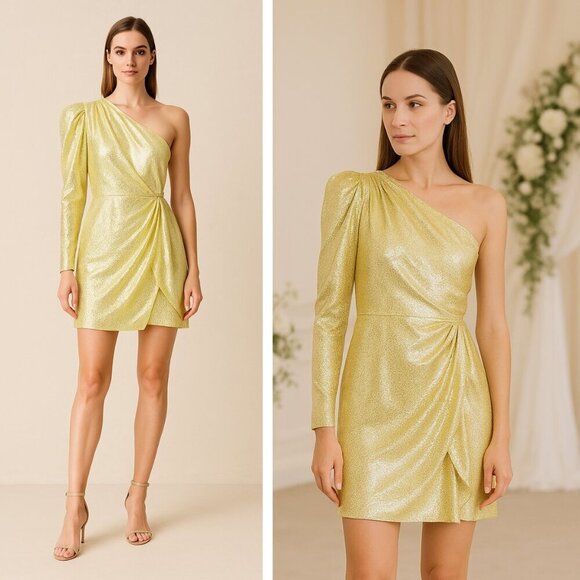 NEW Monique Lhuillier One Shoulder Citron Metallic Dress Wedding Formal Silk - Picture 1 of 8